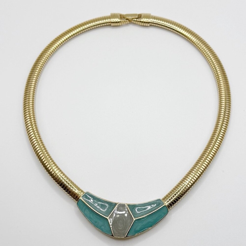Vintage Trifari‎ Aqua Enamel Collar Necklace 1980s Goldtone